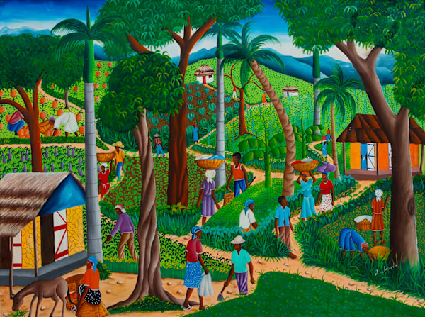 Untitled (Male and Female Figures Working on a Farm with One Donkey and Four Houses) by Jasmin Joseph