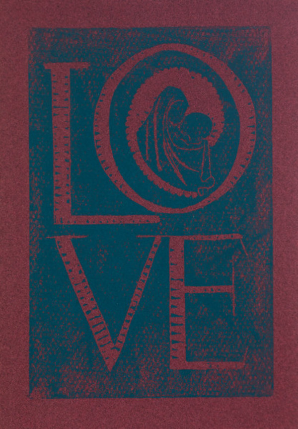 Untitled (Love--Blue ink on Red Paper) by Maria Immaculata Tricholo also known as  Sister Mary Gemma of Jesus Crucified, O.P.