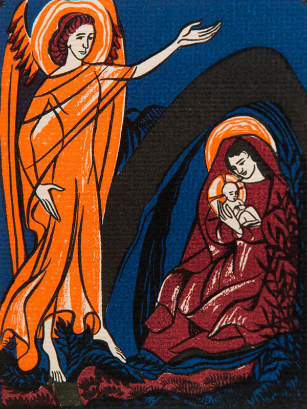 Untitled (Holy Cards--Dark Red Madonna and Child with Orange Angel and Blue Background) by Constance Mary Rowe also known as Sister Mary of the  Compassion, O.P.