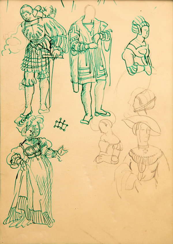 Untitled (Green Ink Costume Studies of 4 Figures, and Pencil Sketches) by Constance Mary Rowe also known as Sister Mary of the  Compassion, O.P.