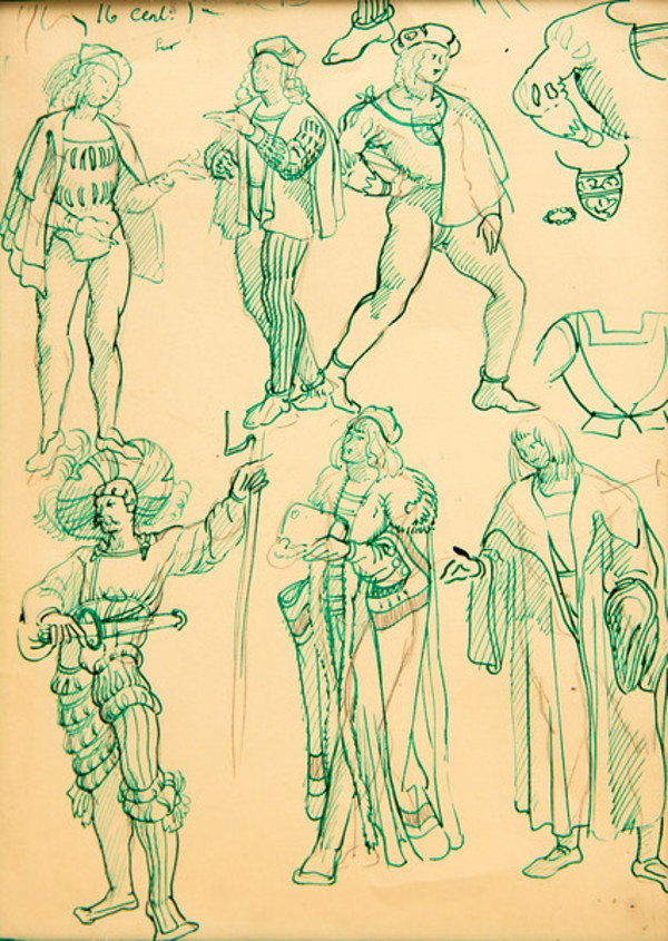 Untitled (Green Ink Costume Studies of 6+ Figures) by Constance Mary Rowe also known as Sister Mary of the  Compassion, O.P.