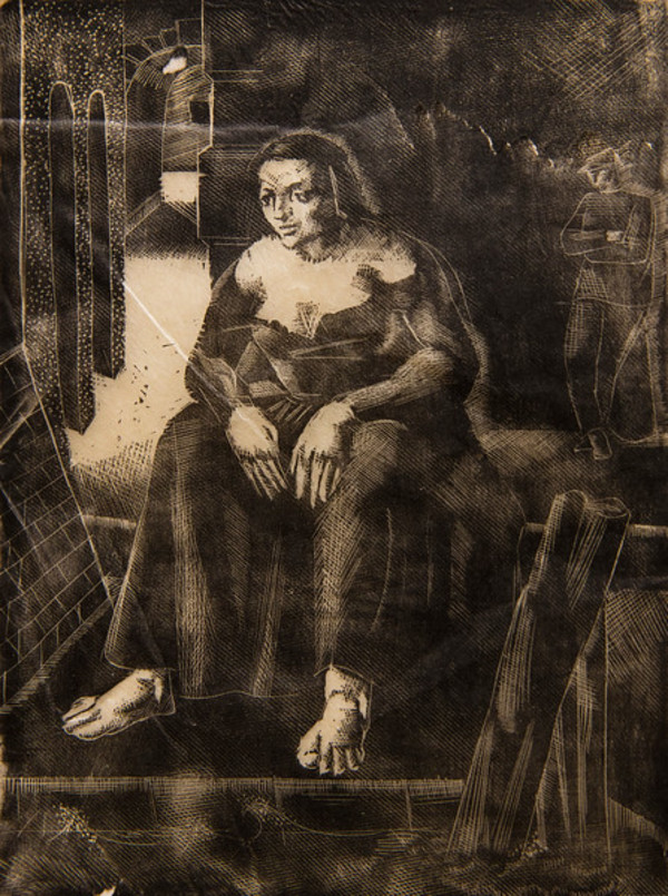 Untitled  (Seated Woman in Long Dress, Standing Man in Background Right 1) by Constance Mary Rowe also known as Sister Mary of the  Compassion, O.P.