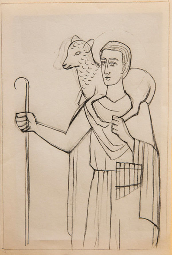 Untitled (Pencil Sketch of Jesus with Lamb on Shoulders) by Constance Mary Rowe also known as Sister Mary of the  Compassion, O.P.