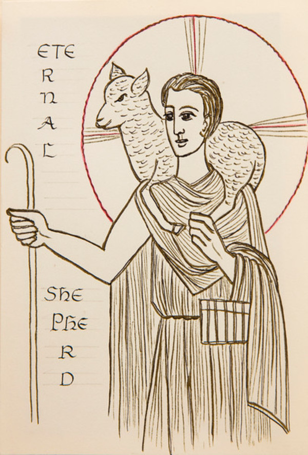 Untitled (Colored Ink Drawing of Jesus with Lamb on Shoulders and Words "Eternal Shepherd" at Left) by Constance Mary Rowe also known as Sister Mary of the  Compassion, O.P.