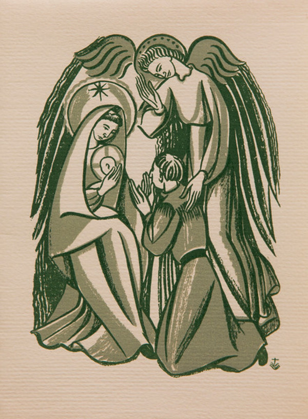 Untitled (Holy Cards--Green Ink Madonna, Child, Angel and Kneeling Figure) by Constance Mary Rowe also known as Sister Mary of the  Compassion, O.P.