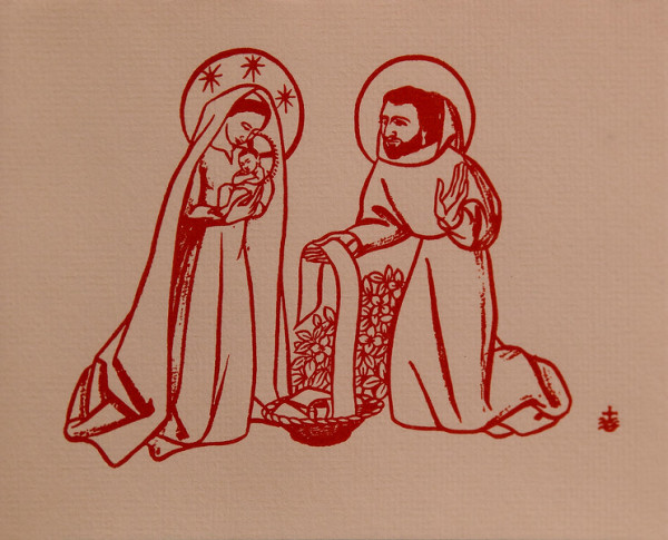 Untitled (Holy Cards--Red Mary, Jesus and Joseph) by Constance Mary Rowe also known as Sister Mary of the  Compassion, O.P.