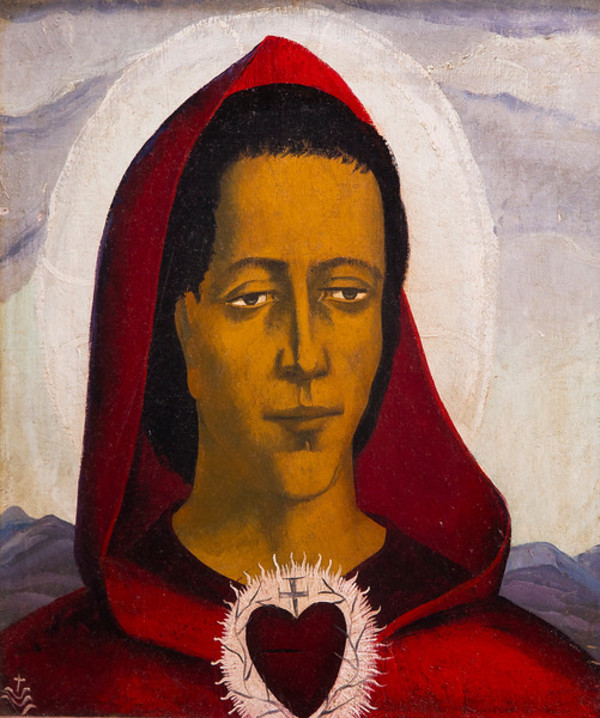 Untitled (Painting of Jesus in Red Cape with Red Heart) by Constance Mary Rowe also known as Sister Mary of the  Compassion, O.P.