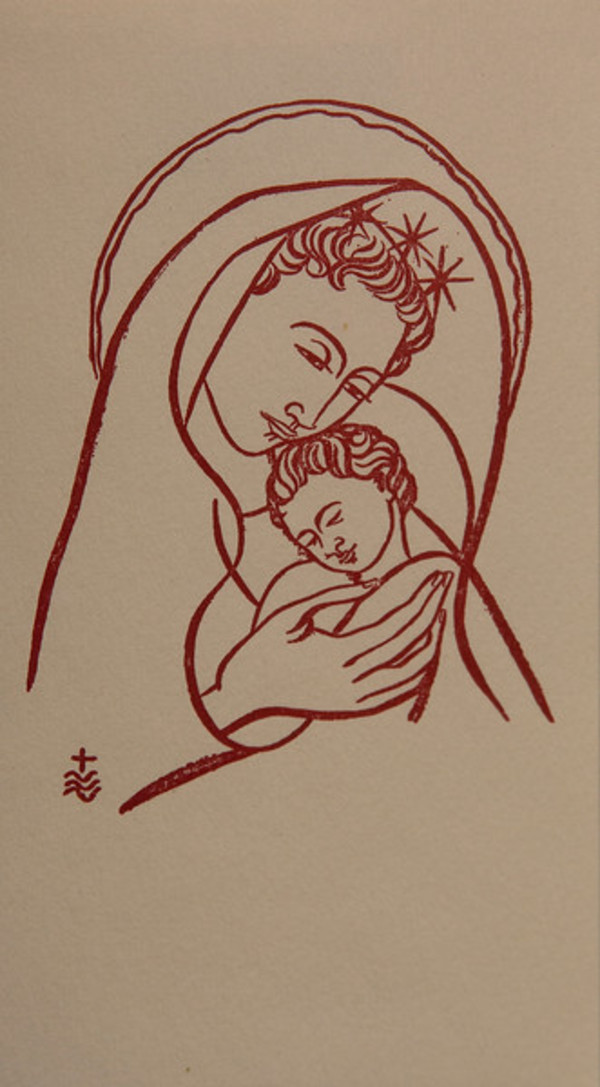 Untitled (Holy Cards--Dark Red Madonna and Child on White Paper) by Constance Mary Rowe also known as Sister Mary of the  Compassion, O.P.