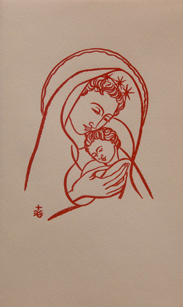 Untitled (Holy Cards--Bright Red Madonna and Child on White Paper) by Constance Mary Rowe also known as Sister Mary of the  Compassion, O.P.