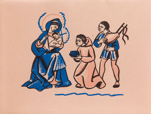 Untitled (Holy Cards--Blue Madonna and Child with Pink Kneeling Figure and Blue Standing Figure) by Constance Mary Rowe also known as Sister Mary of the  Compassion, O.P.