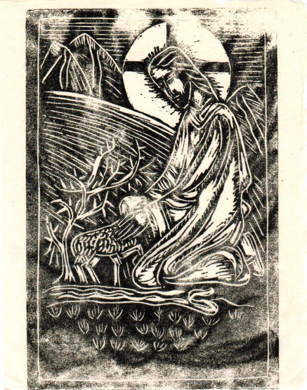 Untitled (Kneeling Jesus with Lamb, Uneven Black Ink on White Paper) by Maria Immaculata Tricholo also known as  Sister Mary Gemma of Jesus Crucified, O.P.