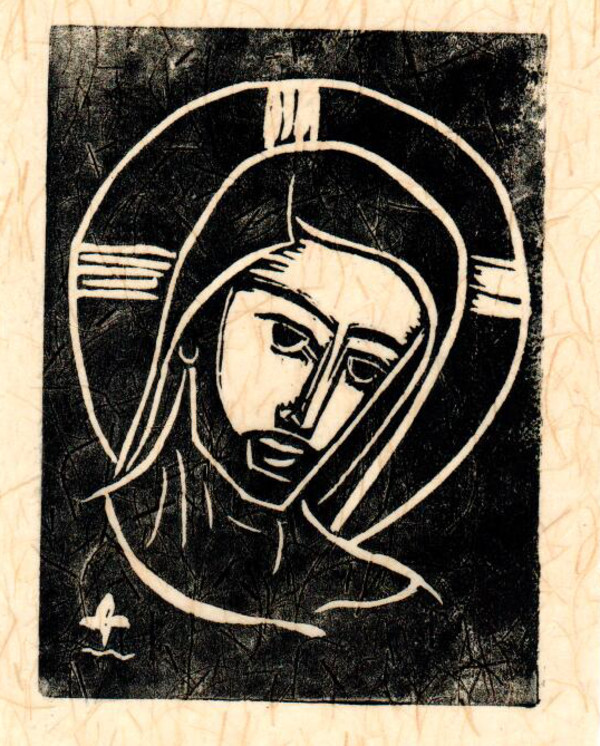 Untitled (Jesus--Solid Black Ink on White Paper and Artist Symbol T Lower Left) by Maria Immaculata Tricholo also known as  Sister Mary Gemma of Jesus Crucified, O.P.