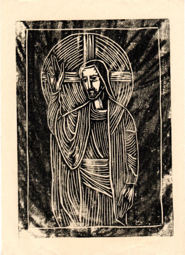 Untitled (Jesus with Raised Right Hand--Uneven Black Ink on White Paper 3) by Maria Immaculata Tricholo also known as  Sister Mary Gemma of Jesus Crucified, O.P.