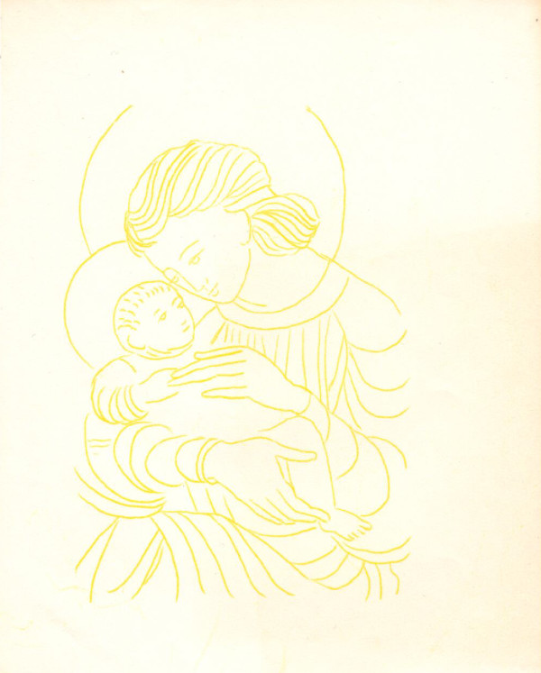 Untitled (Madonna and Child--Yellow Ink on White Paper) by Maria Immaculata Tricholo also known as  Sister Mary Gemma of Jesus Crucified, O.P.