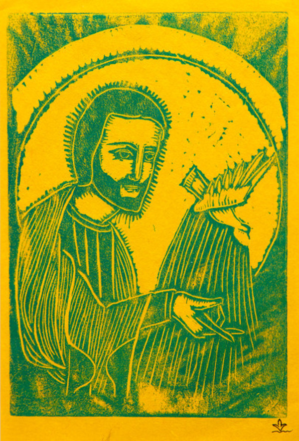 Untitled (Jesus with Bird--Green Ink on Yellow Paper) by Maria Immaculata Tricholo also known as  Sister Mary Gemma of Jesus Crucified, O.P.