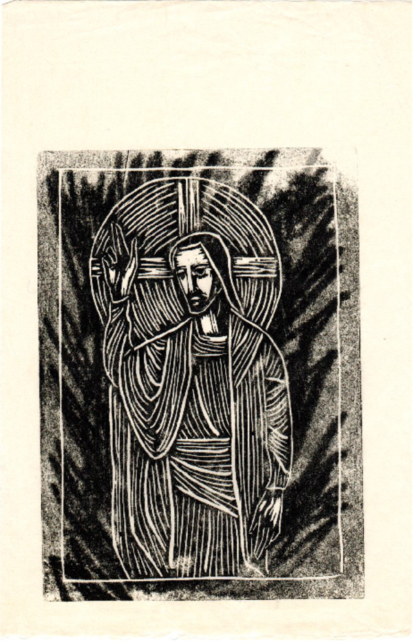 Untitled (Jesus with Raised Right Hand--Uneven Black Ink on White Paper 1) by Maria Immaculata Tricholo also known as  Sister Mary Gemma of Jesus Crucified, O.P.