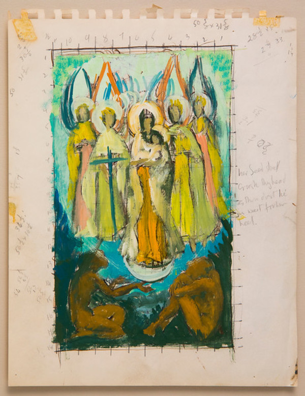Untitled (Standing Madonna and Child and 4 Angels in Yellow and Two Seated Figures below) by Constance Mary Rowe also known as Sister Mary of the  Compassion, O.P.