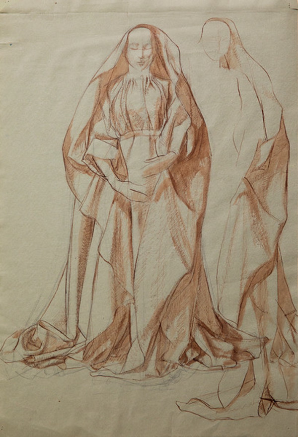 Untitled (Red Wash Study of Nun in Full Dress Looking Down--Shadow Figure at Right Behind Her) by Constance Mary Rowe also known as Sister Mary of the  Compassion, O.P.