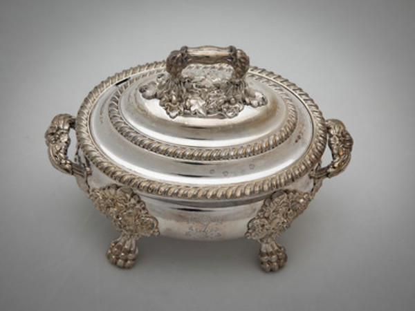 Untitled (Antique Oval Footed English Lidded Silver Sauce Bowl) by Artist Unknown