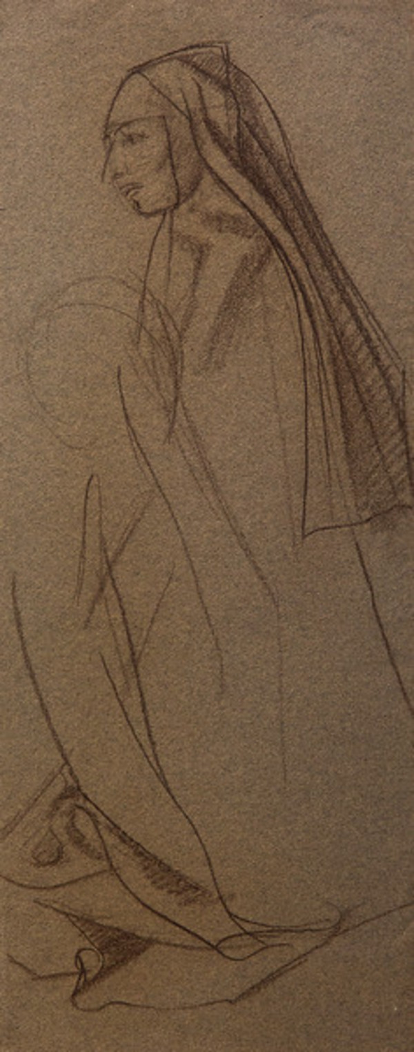 Untitled (Brown Sketch of Nun Facing Left on Tan Paper) by Constance Mary Rowe also known as Sister Mary of the  Compassion, O.P.