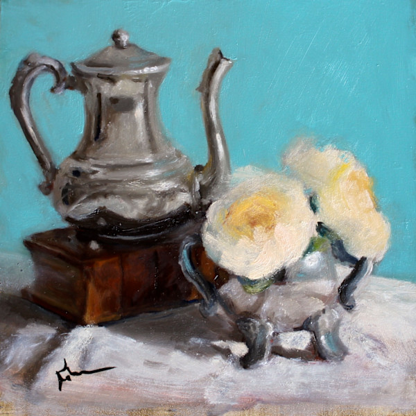 Teapot and White Roses by Kimberly Scott, Image 1.