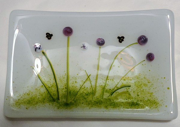 Soap Dish/Spoon Rest-Purple Flower Garden with Bees & Dragonfly by Kathy Kollenburn