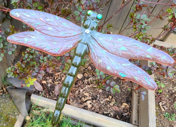 Dragonfly Yard Stake, Green with Rhubarb Tint Wings and Dichroic accents