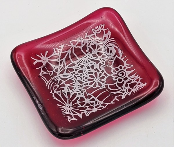 Trinket Dish, Small, Cranberry with White Floral Design by Kathy Kollenburn