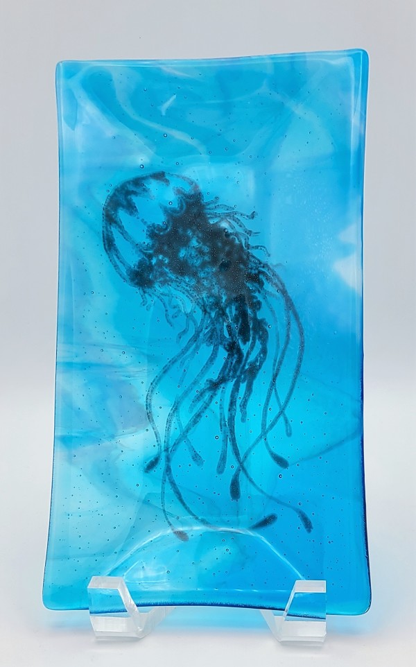 Tray Dish with Jellyfish, Turquoise/Clear Streaky by Kathy Kollenburn