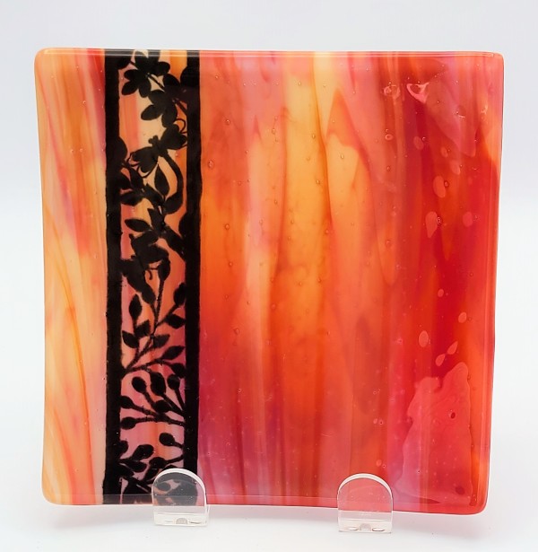 Snack Plate-Orange/Red Streaky with Floral Edge by Kathy Kollenburn