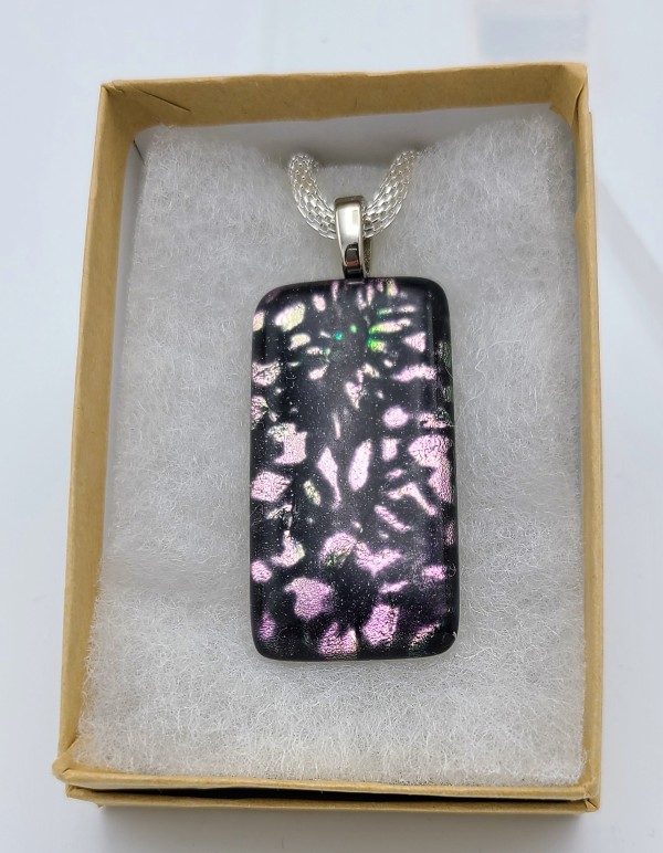 Necklace, Black with Pink Dichroic in Floral Design by Kathy Kollenburn