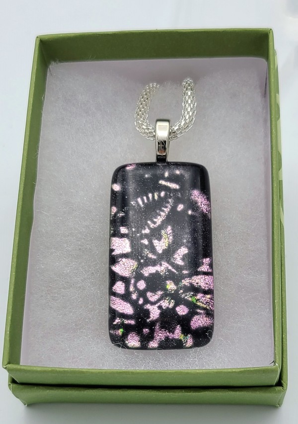 Necklace, Black with Floral Pattern in Pink Dichroic by Kathy Kollenburn