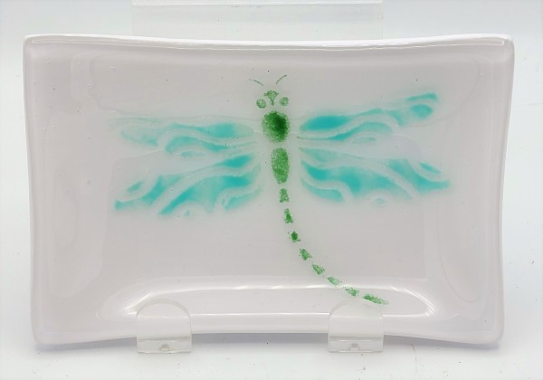 Soap Dish/Spoon Rest-Green/Turquoise Dragonfly on White by Kathy Kollenburn