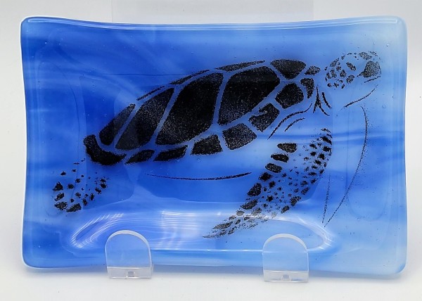 Soap Dish/Spoon Rest-Sea Turtle on Blue/White Streaky by Kathy Kollenburn