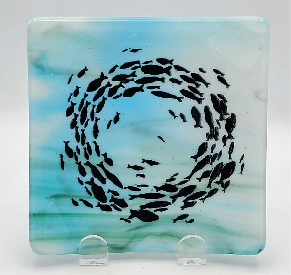 Plate with Fish School on Turquoise/White/Green Streaky by Kathy Kollenburn
