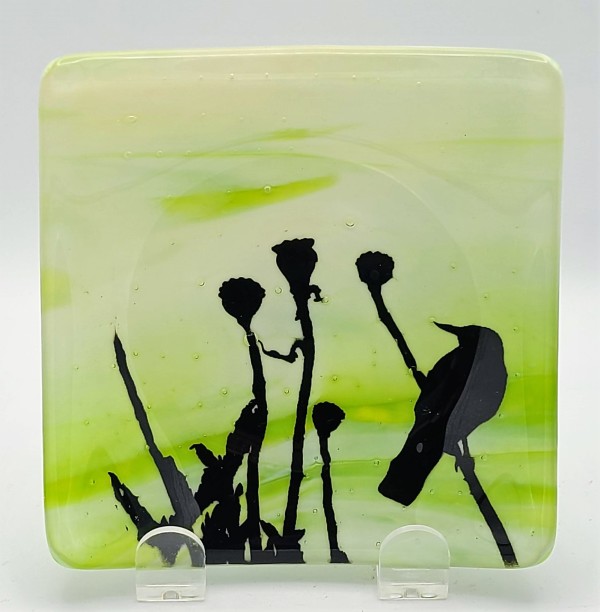 Plate with Meadow Bird on Green/White Streaky