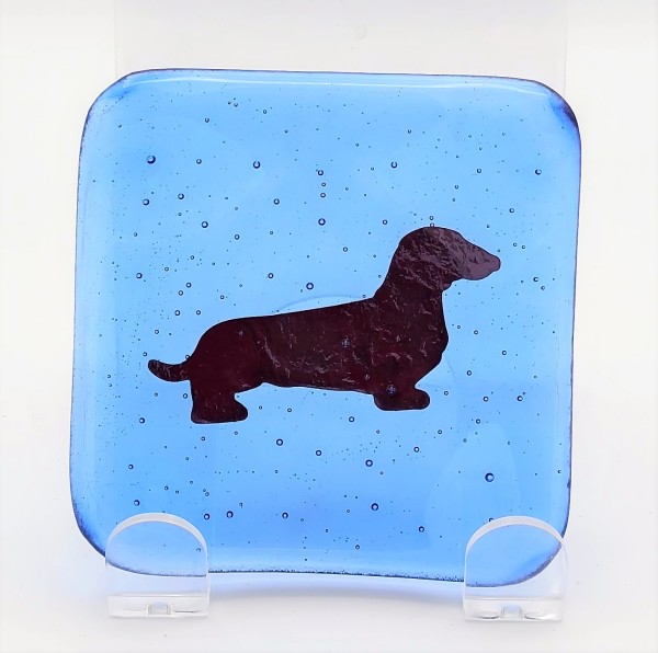 Small Plate with Copper Dachshund in Blue