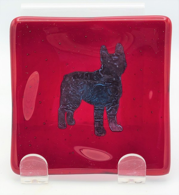 Small Plate with Copper Dog in Red by Kathy Kollenburn