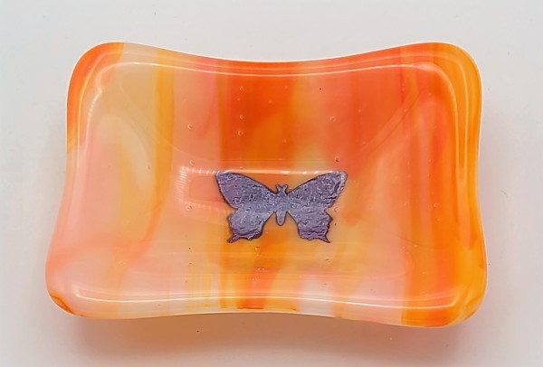 Trinket Dish with Copper Butterfly in Orange Streaky