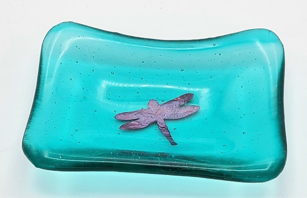 Trinket Dish with Copper Dragonfly in Aquamarine by Kathy Kollenburn