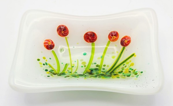 Trinket Dish with Red Flowers on White