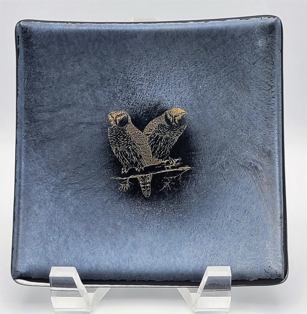 Plate with Copper Owls on Silver Irid by Kathy Kollenburn