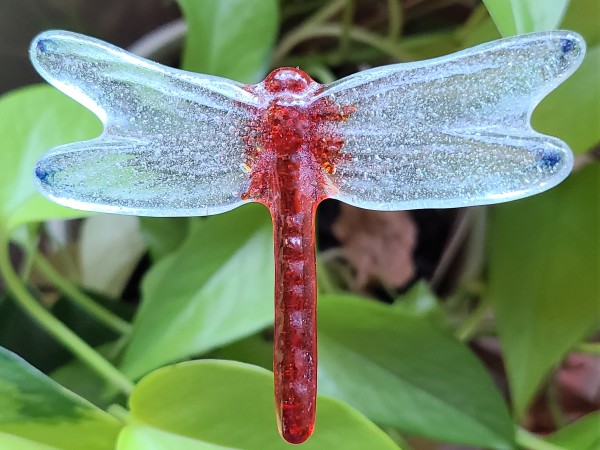 Plant Pick-Dragonfly, in Red with Green Tint Wings, Small by Kathy Kollenburn
