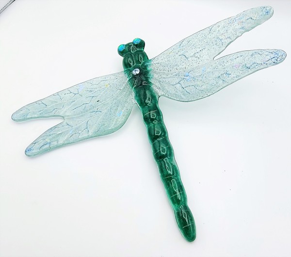 Dragonfly Yard Art-Emerald Green with Green Tint Wings & Dichroic Accents