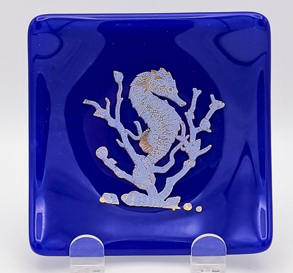 Small Plate-Cobalt with White/Gold Seahorse by Kathy Kollenburn