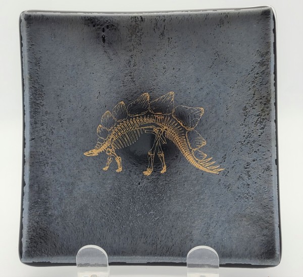 Dinosaur Plate-Gold Stegosaurus Skeleton on Silver Irid