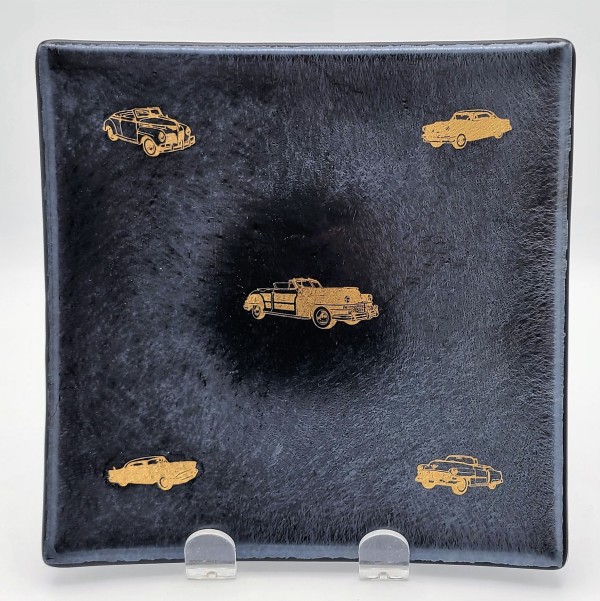 Plate with Gold Cars on Silver Irid