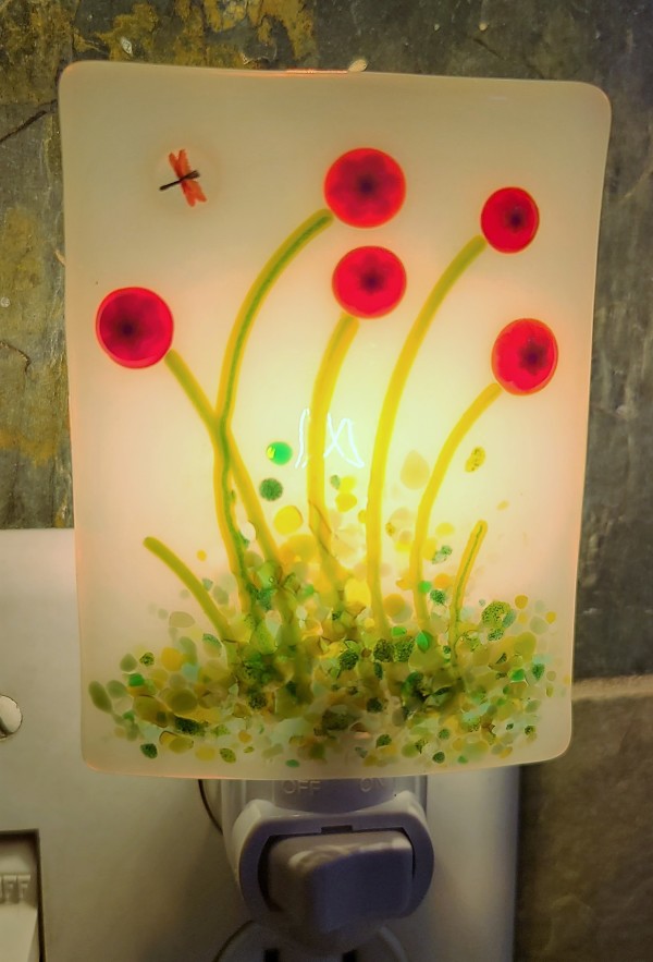Nightlight with Red Flowers with Yellow Center and Dragonfly