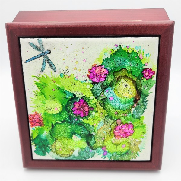 Treasure Box-Rosewood with Cactus and Dragonfly by Kathy Kollenburn