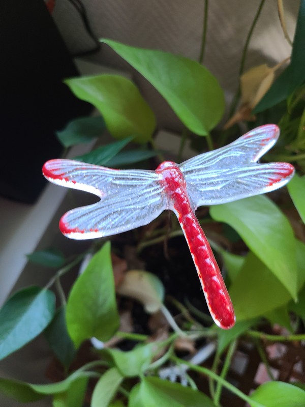 Plant Pick-Dragonfly, Medium in Red/Clear by Kathy Kollenburn